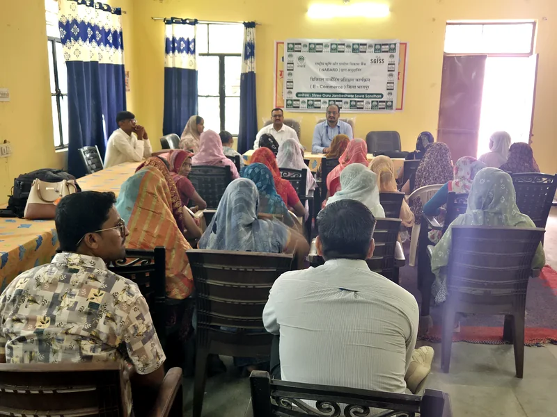 Inauguration session of the NABARD digital marketing training for SHG women at Khanua, Rupbas Block, Bharatpur, with NABARD and SGJSS officials.