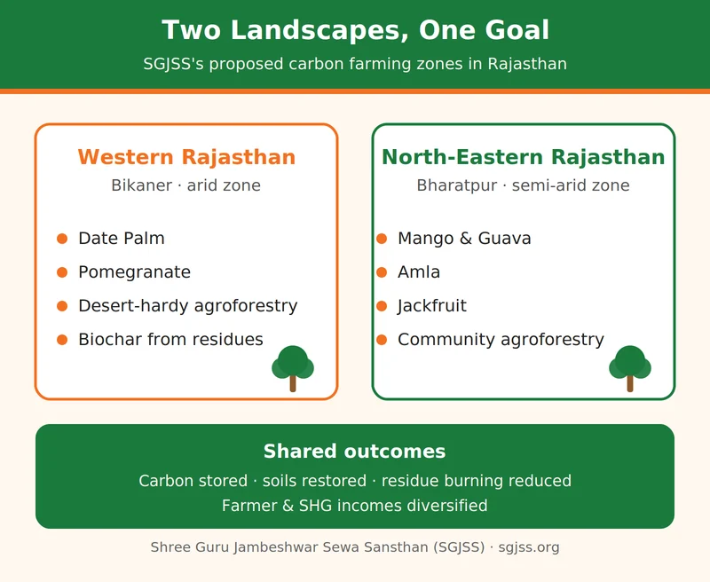 Infographic comparing SGJSS’s proposed carbon farming zones: arid Bikaner (date palm, pomegranate, biochar) and semi-arid Bharatpur (mango, guava, amla, jackfruit).